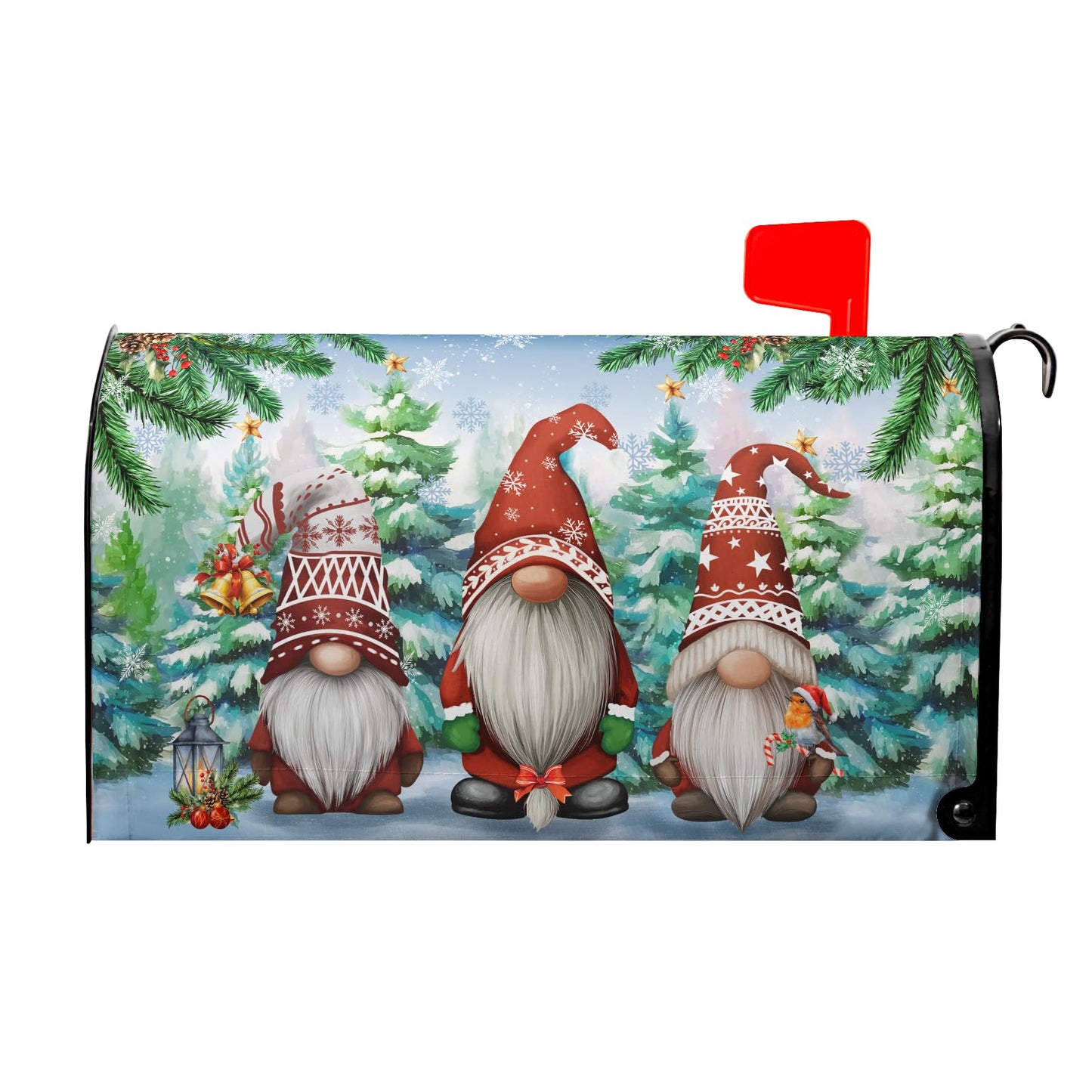Sweetshow Winter Gnomes Xmas Mailbox Covers Magnetic Standard Size 18" X 21",Green Pine Tree Snowflake Mailbox Wraps Post Letter Box Cover for Holiday Garden Yard Decor