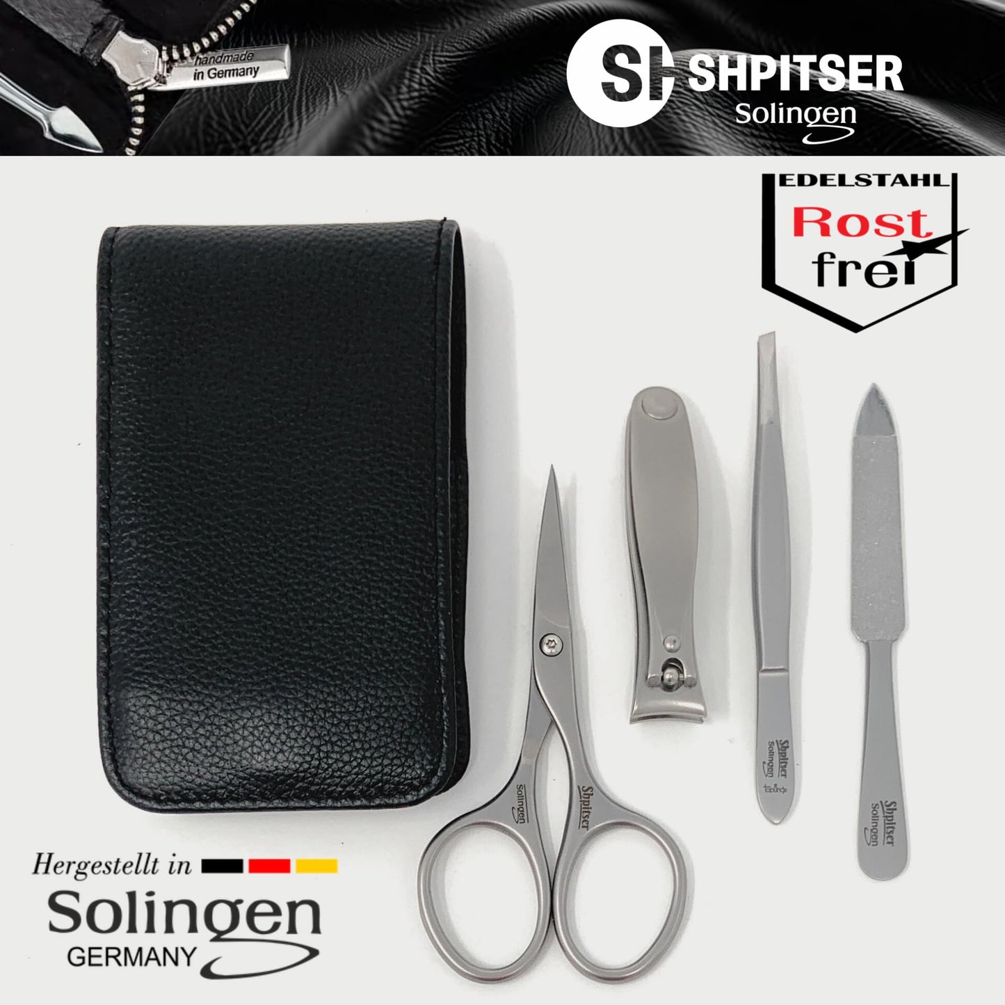Shpitser Manicure and Pedicure Set of 4 Surgical Stainless Steel Instruments, Made in Solingen, Germany, Luxury Topinox Grooming Kit In Full Grain Nappa Leather Case (Black)