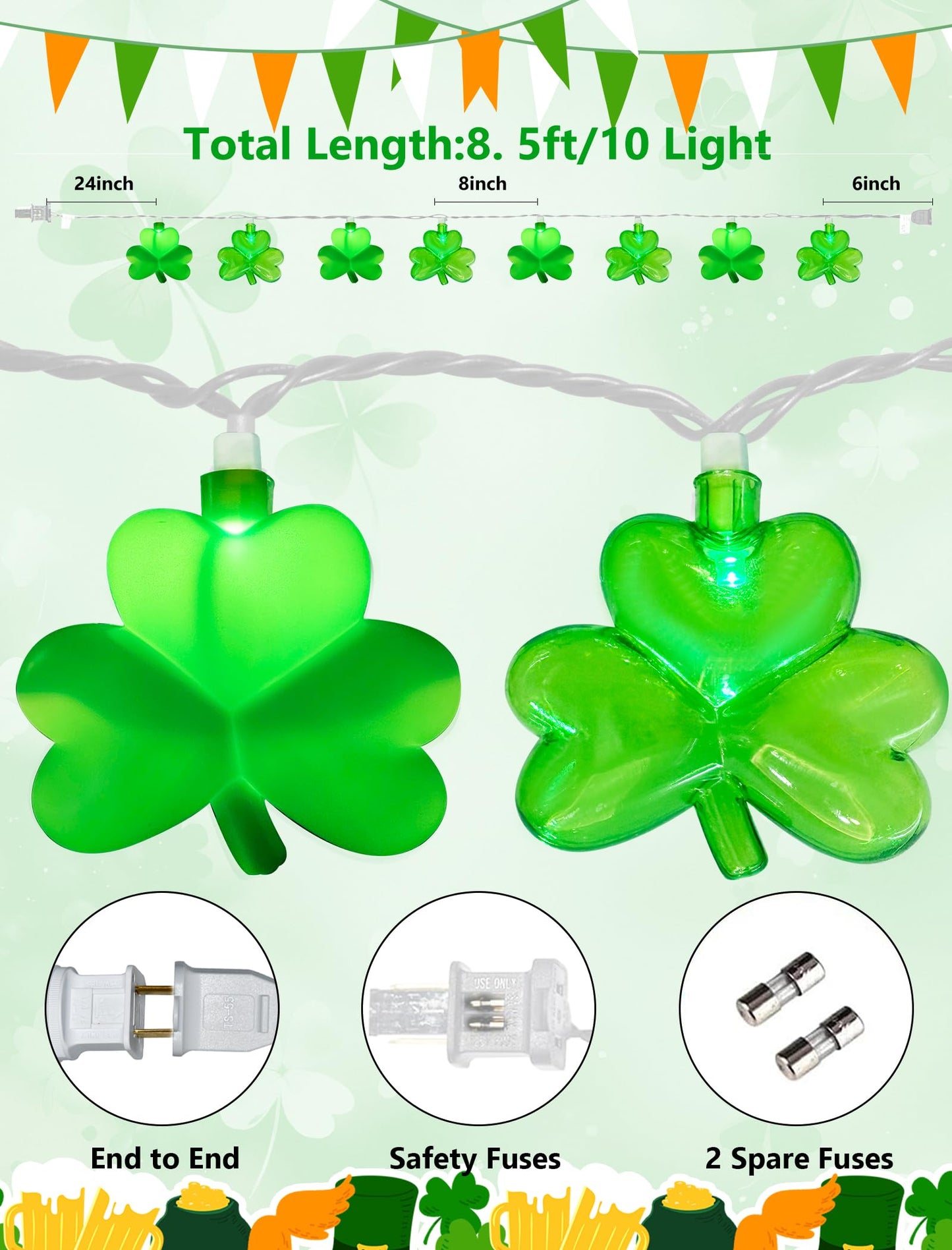 8.5Ft Shamrock String Lights Outdoor, St Patricks Day Decorations Lights with 10 LED Green Clover Lights, Plug in Shamrock Fairy Light for Window Patio Garden Party Irish St. Patricks Day, White Wire