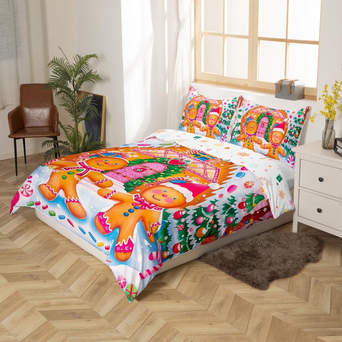 Feelyou Kids Pink Merry Christmas Bedding Set Full Size Xmas Gingerbread Man Comforter Cover Set for Boys Girls Candy Cane House Winter Duvet Cover Happy New Year Bedspread Cover (No Comforter)