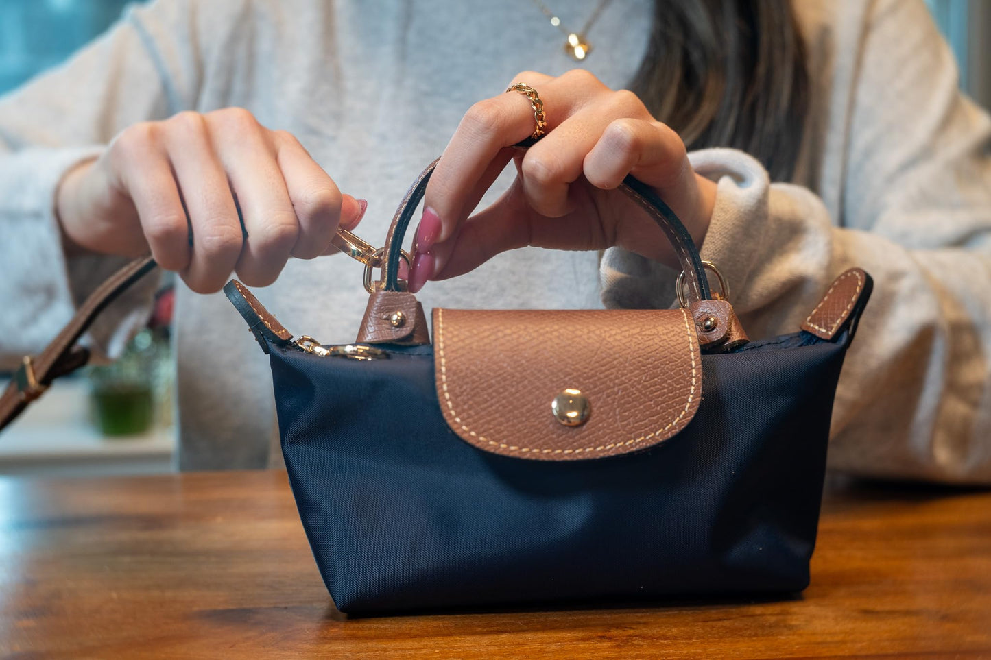 Mini Crossbody Bag | Genuine Leather Trimming | Snap & Zipper Closure | Fashionable | Water resistant | Phone Pouch | Lightweight | Cosmetic Bag | Adjustable Strap Included (Navy Blue)