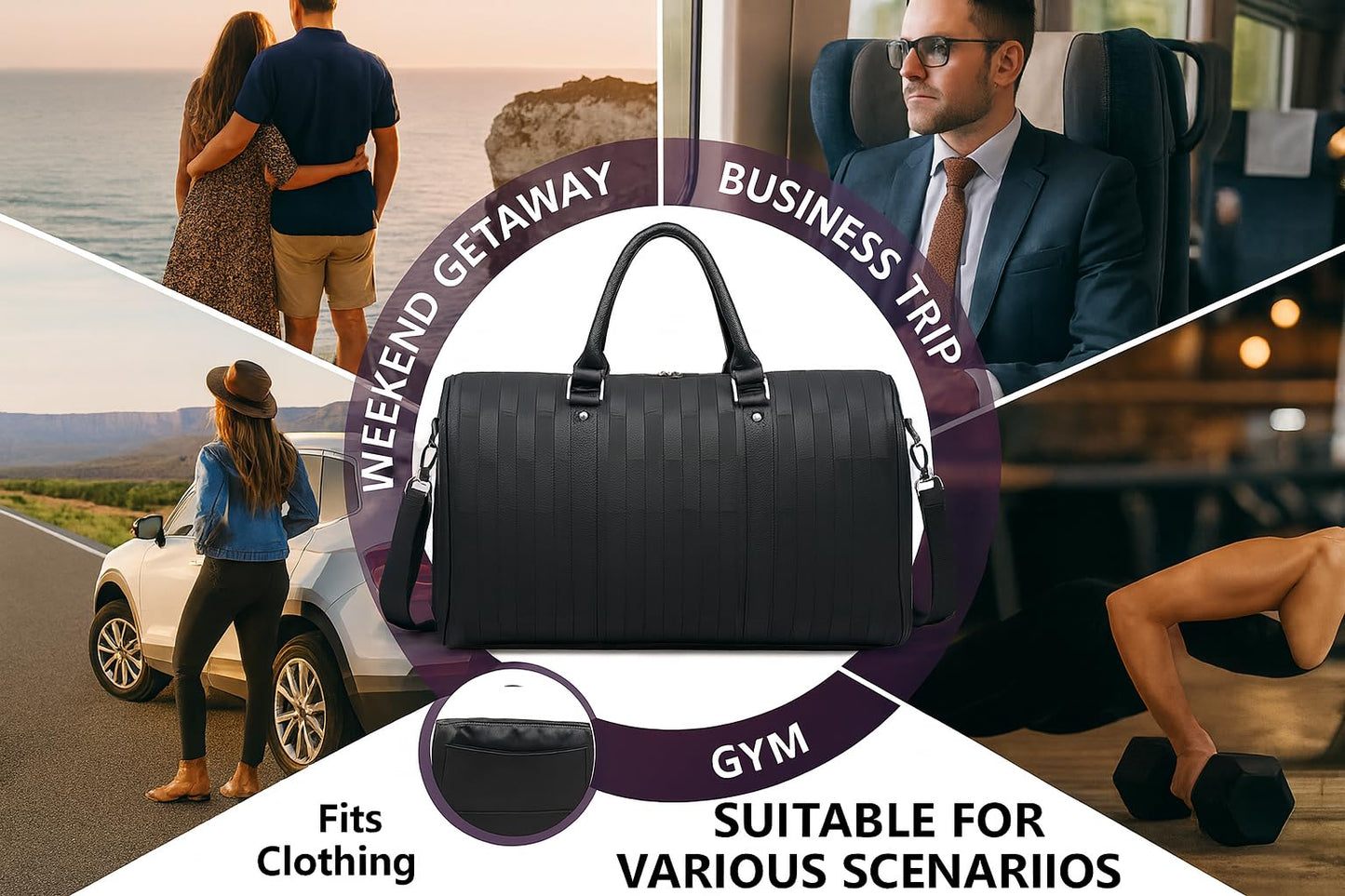 AGVOTK Luxury Black Woven Leather Weekender Duffel Bag Men Women Travel Carry-on, Large Overnight Bag with Handles & Adjustable Shoulder Strap