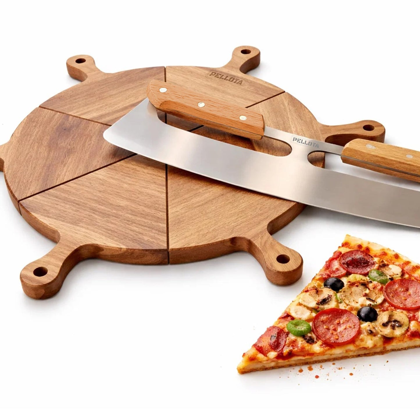 Premium Wooden Pizza Serving Board Set – 6 Slice Detachable Pizza Tray with Stainless Steel Rocker Knife, Pizza Slicer, Pizza Rocker for Parties & Gifts