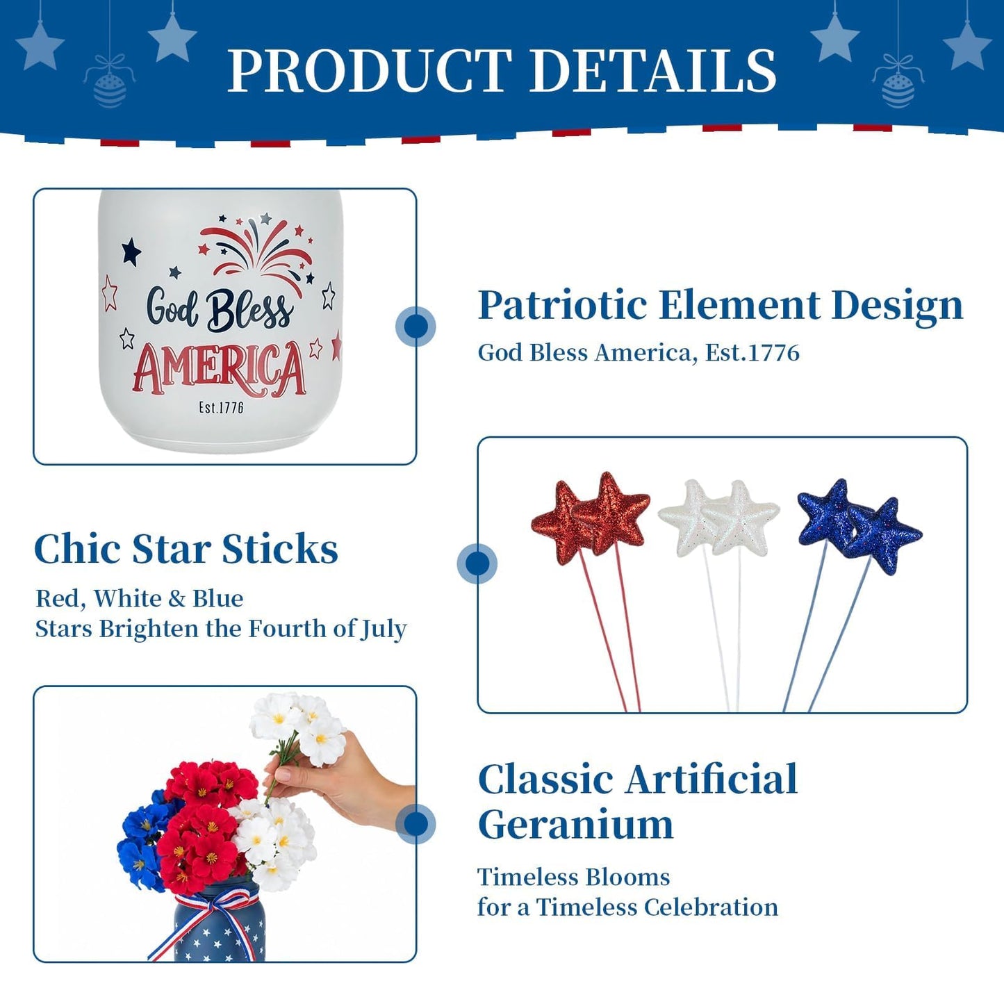 Glasseam 4th of July Vase Set: 3Pcs Patriotic Glass Mason Jars with Red White and Blue Artificial Geranium Star Ribbons - Independence Day USA 250 Anniversary Memorial Table Centerpiece Home Decor