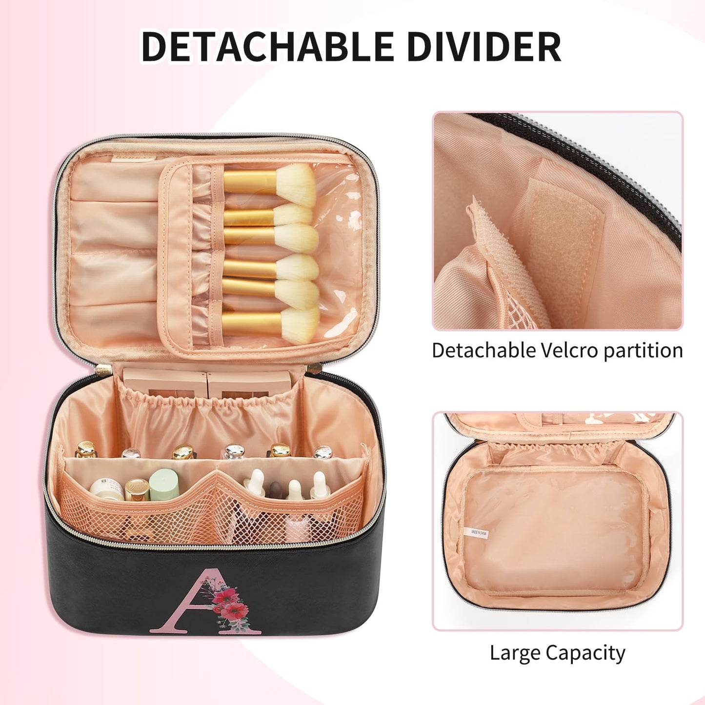 OCHEAL Initial Makeup Bag,Monogram Make up Bag Black Travel Makeup Organizer Case Beauty Toiletry Cosmetic Bag with Brush Holder, Trendy Stuff Personalized Gifts for Women and Girls-A