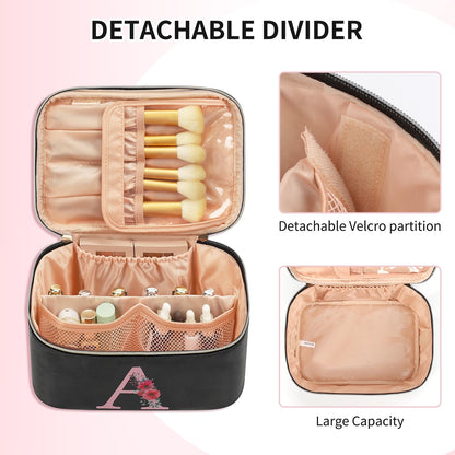 OCHEAL Initial Makeup Bag,Monogram Make up Bag Black Travel Makeup Organizer Case Beauty Toiletry Cosmetic Bag with Brush Holder, Trendy Stuff Personalized Gifts for Women and Girls-A