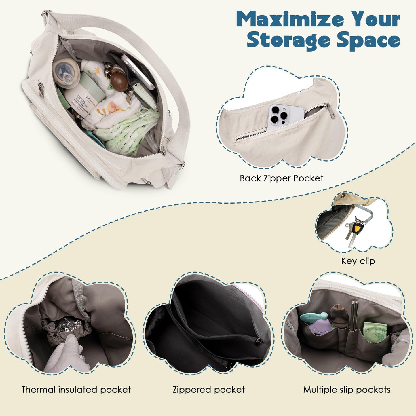 MYHOZEE Puffer Crossbody Diaper Bag for Mom - Lightweight Nylon Mom Bag Purse with Wipes & Trash Bag Dispenser - Compact Stroller Organizer Bag with Insulated Pocket, Water-Resistant, Apricot