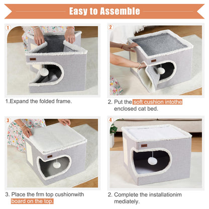 Garnpet Cat Bed for Indoor Cats Cube House, Covered Cat Cave Beds & Furniture with Scratch Pad and Hideaway Tent, Cute Modern Cat Condo for Multi Small Pet Large Kitten Kitty, Large, Dark Grey