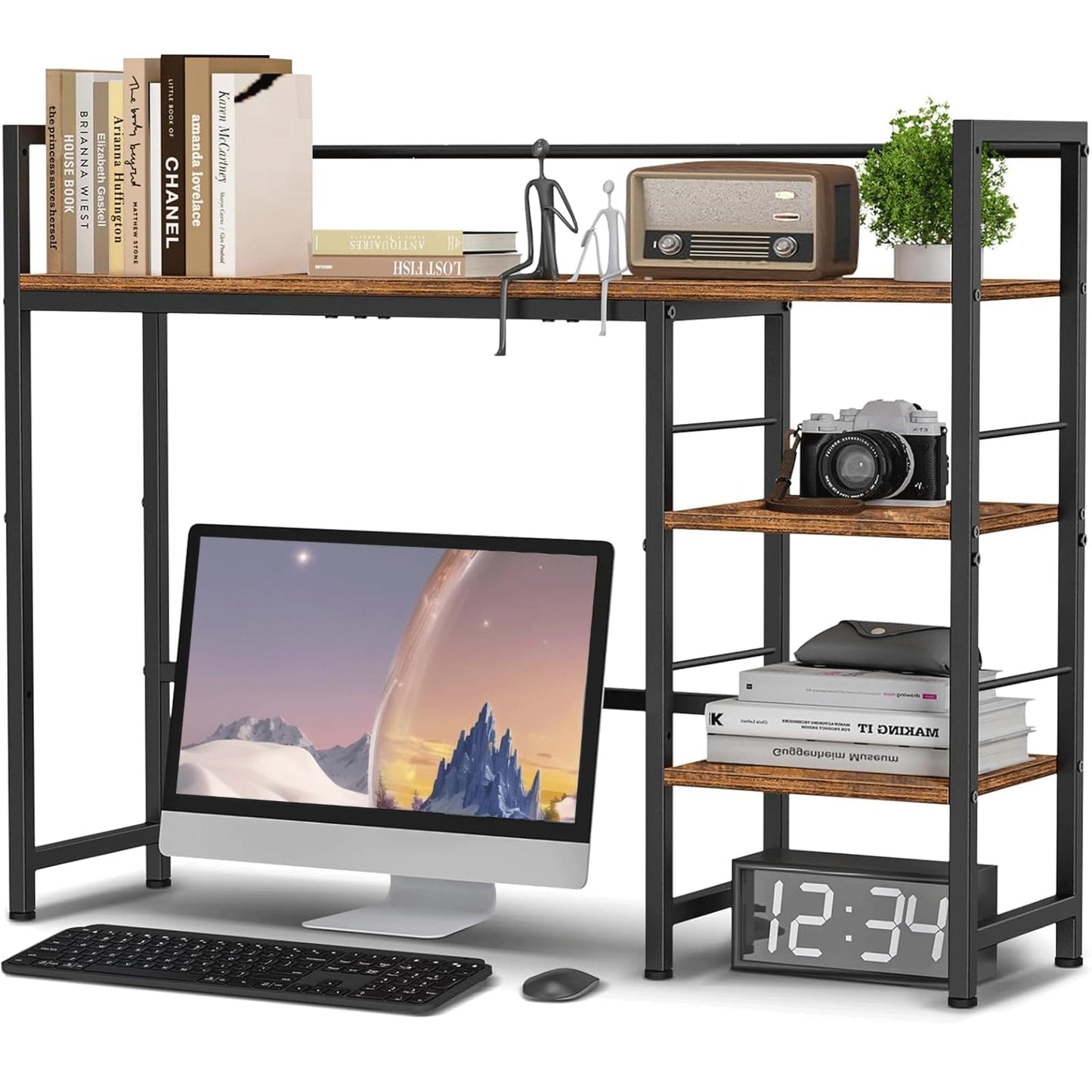 HavenlyYouth Desk Shelf, 38.6 Inch Wood Desk Organizer Shelf for Computer Monitor, Desk Hutch Storage, Desktop Shelf for Top of Desk, 3 Tier Desktop Bookshelf for Home Office Dorm, Rustic