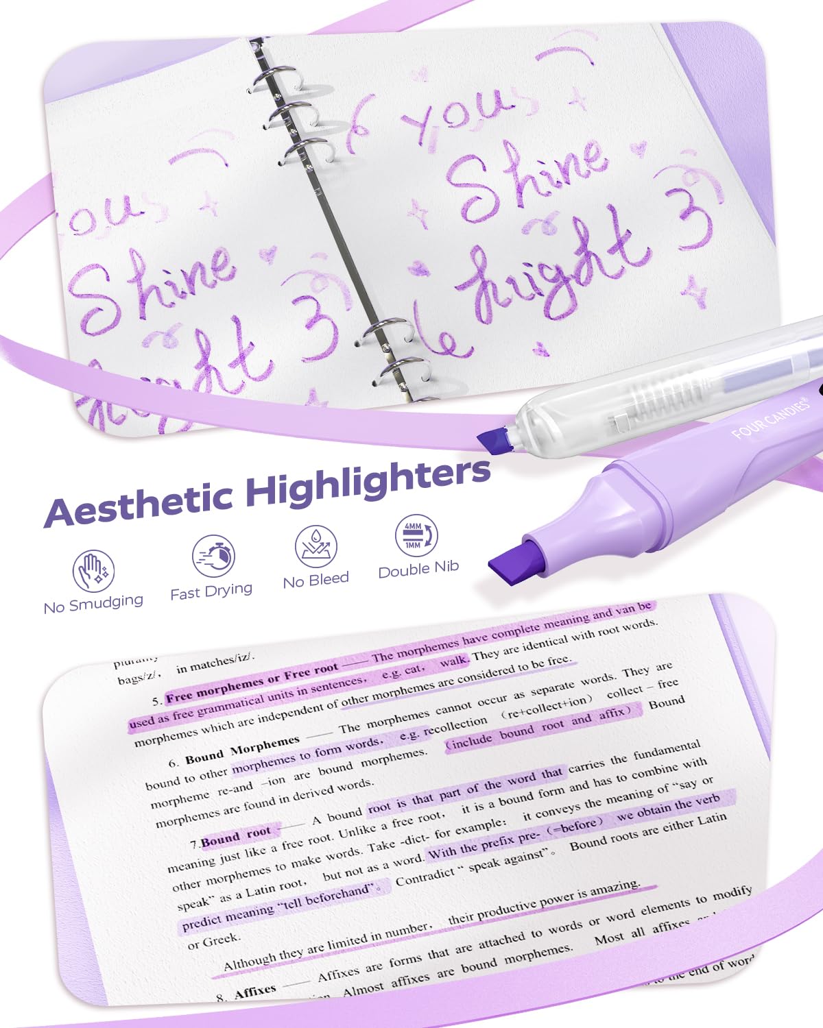 Four Candies Purple School Supplies, Gel Pens with Black Ink,Correction Tapes,Pastel Highlighters, Mechanical Pencils, Sticky Notes, Index Post for Bible Study Stationary College Essentials
