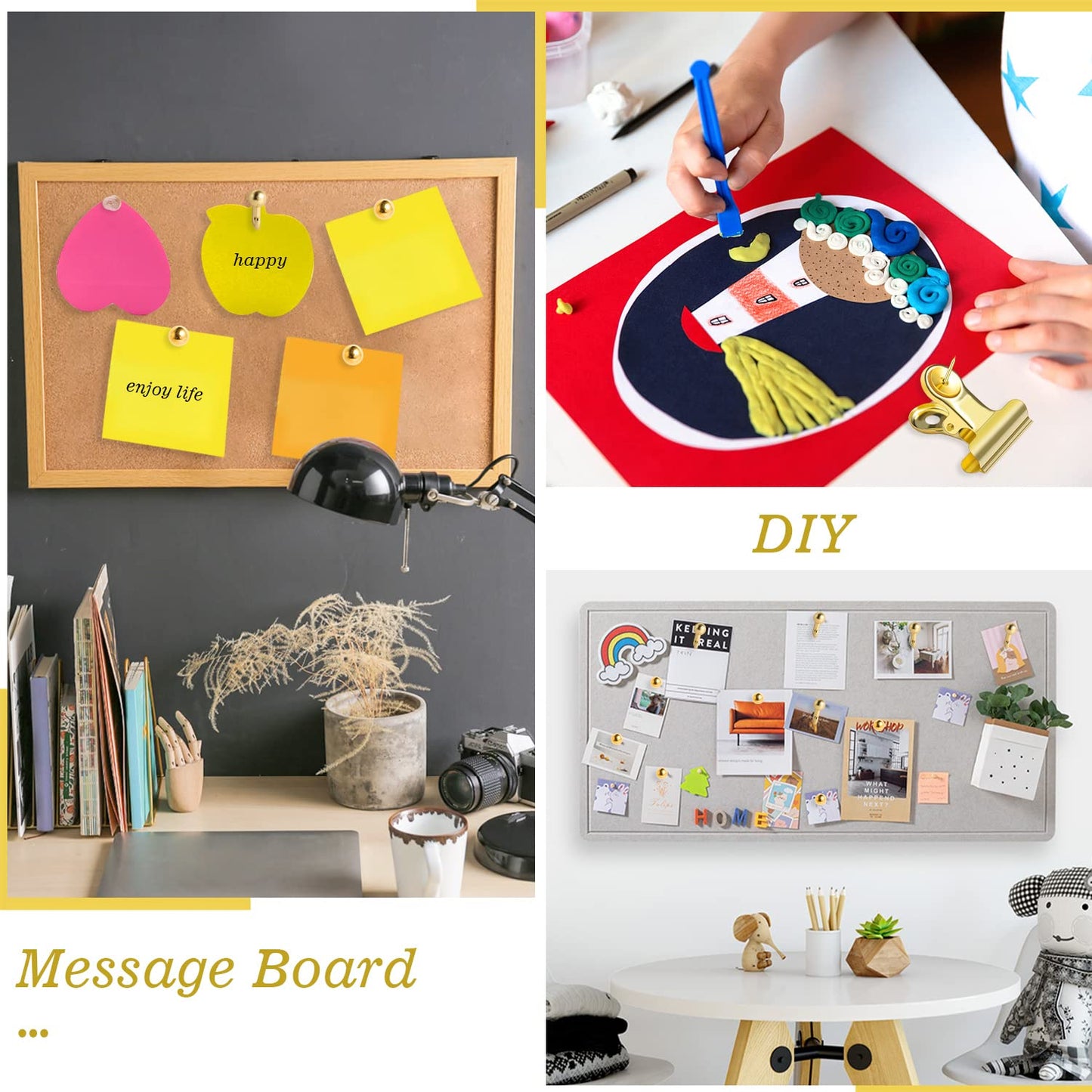 310 Pcs Gold Push Pins Set Thumb Tacks Decorative Push Pins for Cork Board with Push Pin Hook Pushpin Clip 5 Style Office Accessories for Cork Board Map Office (Gold)