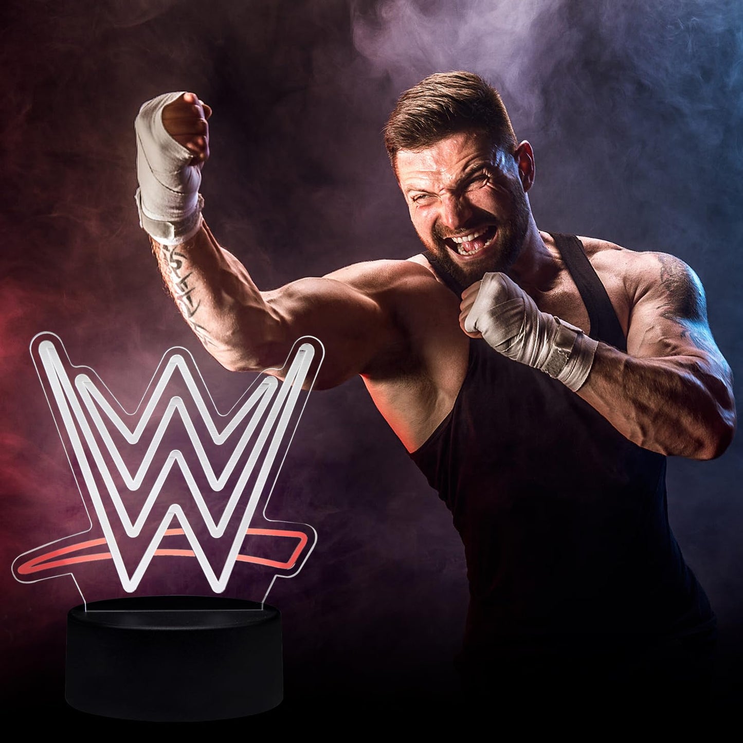 3D Wrestling LED Night Light with Corded Control, White Illusion Lamp for Boxing Gym, Sports Bar, Game Room | Unique Birthday Christmas Gifts for Teens, Boys, Girls, Fight Fans