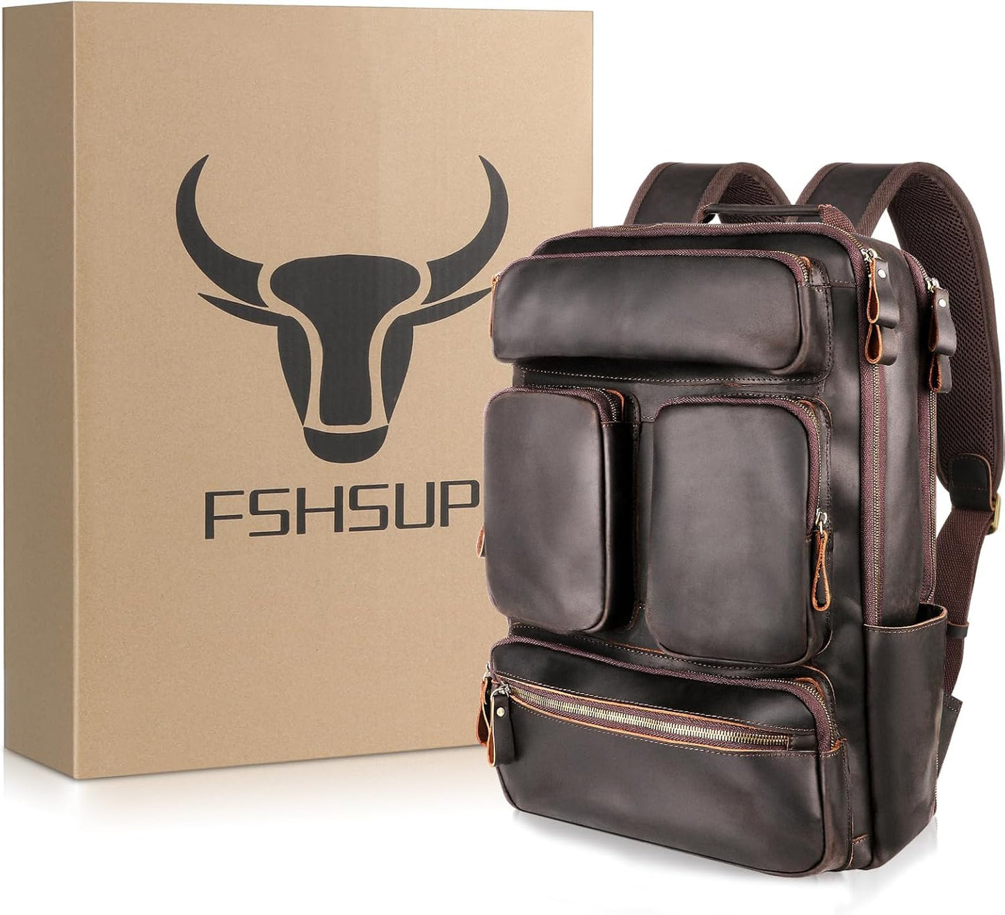 Fshsup Vintage Genuine Leather Backpack for Men 17.3" Laptop Bag Full Grain Leather Backpack Travel Weekender Hiking Shoulder Daypacks Overnight Weekender Rucksack