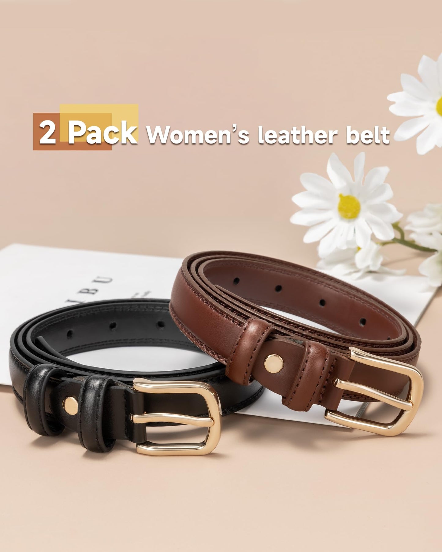 Alphyly Neries 2 Pack Leather Belts for Women Trendy, Women's Belts for Jeans Pants Dresses with Gold Buckle, Black and Coffee, Fits Waist Size 39-43”