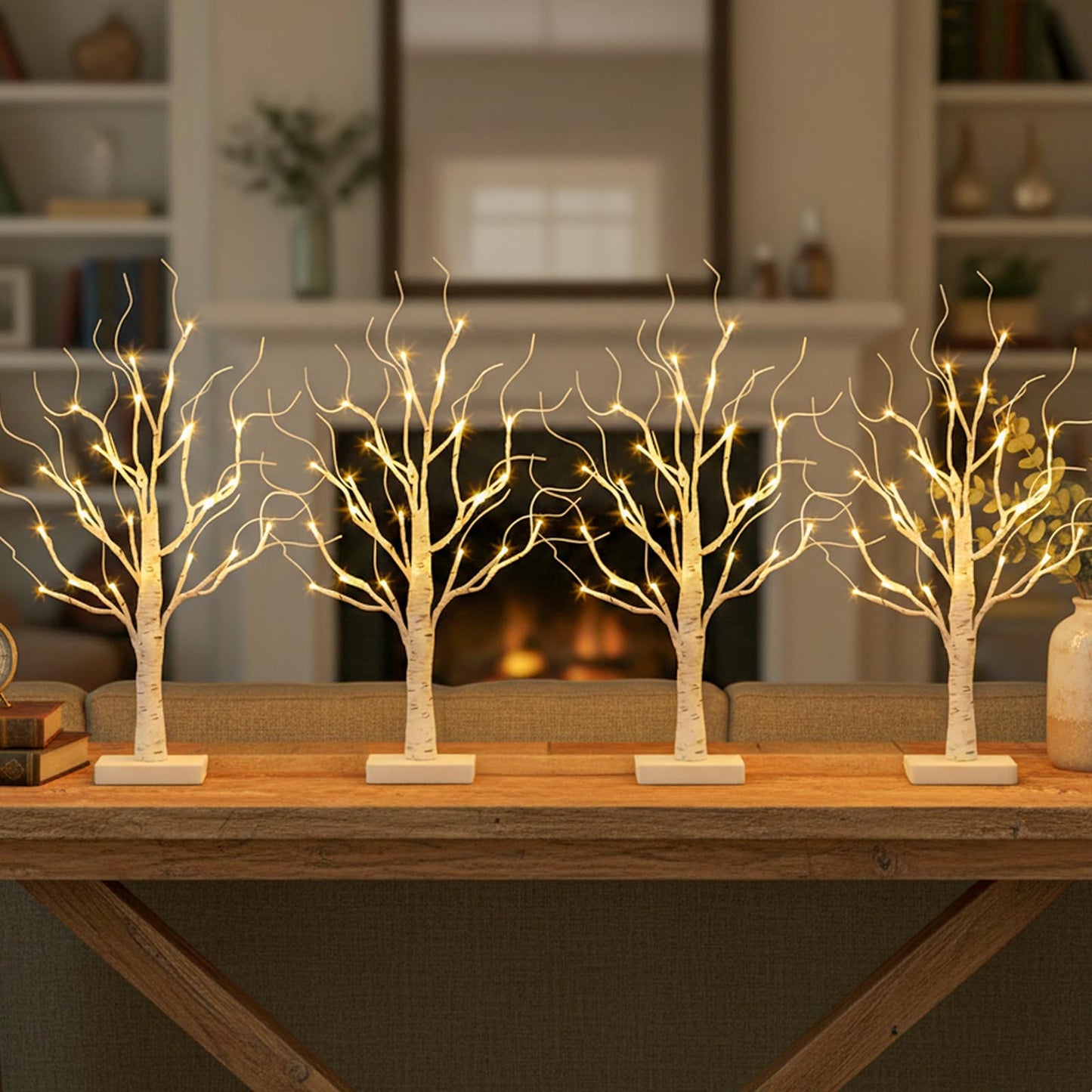 PABIPABI Lighted Birch Tree, Christmas Tree with 24 LED Lights, Tabletop Centerpiece Artificial Tree Lights with Timer for Home Office Bedroom Wedding - Set of 4
