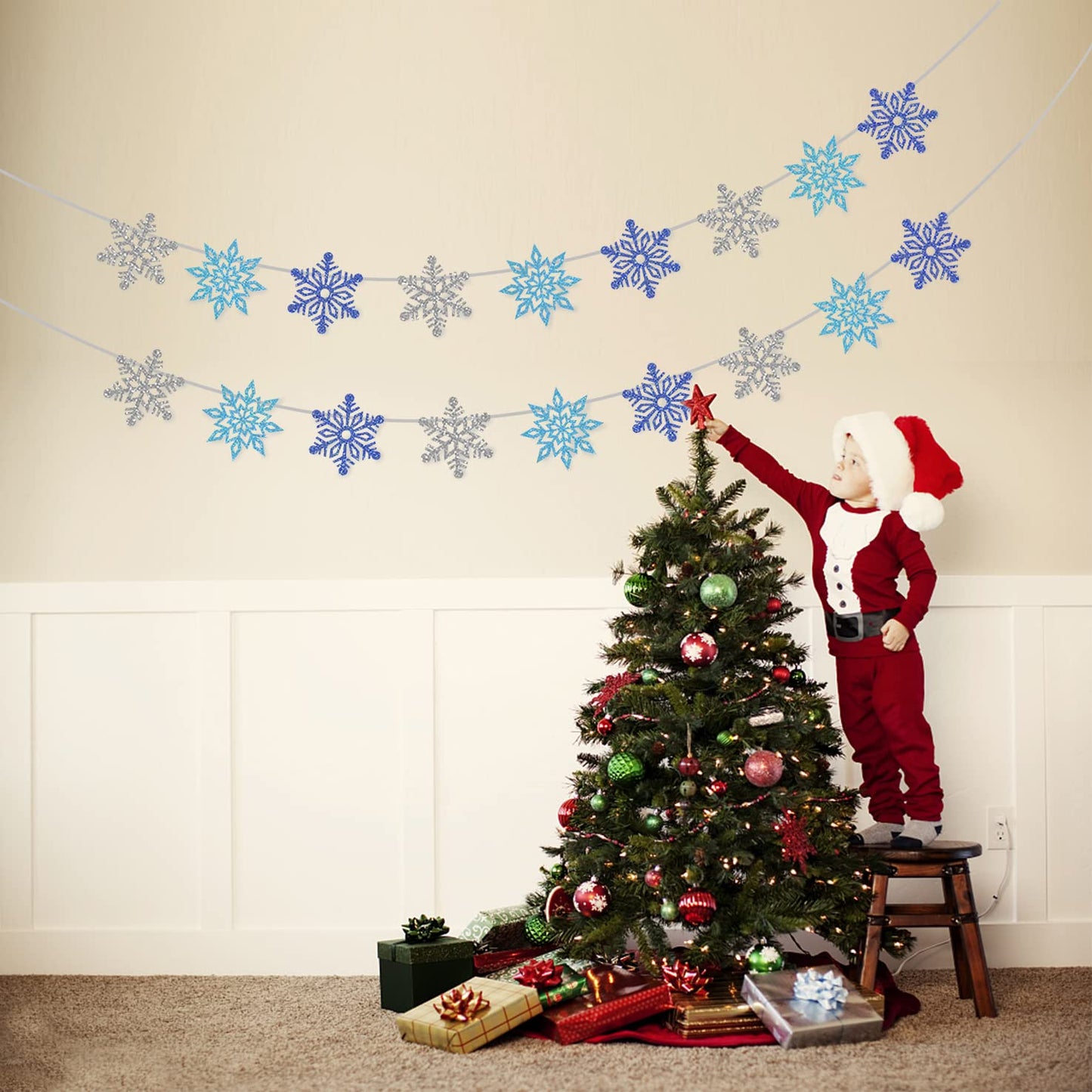 2 Pcs Glitter Snowflake Banner, Snowflake Winter Party Decorations, Snowflake Garland Christmas Party Decorations (Blue&Silver)