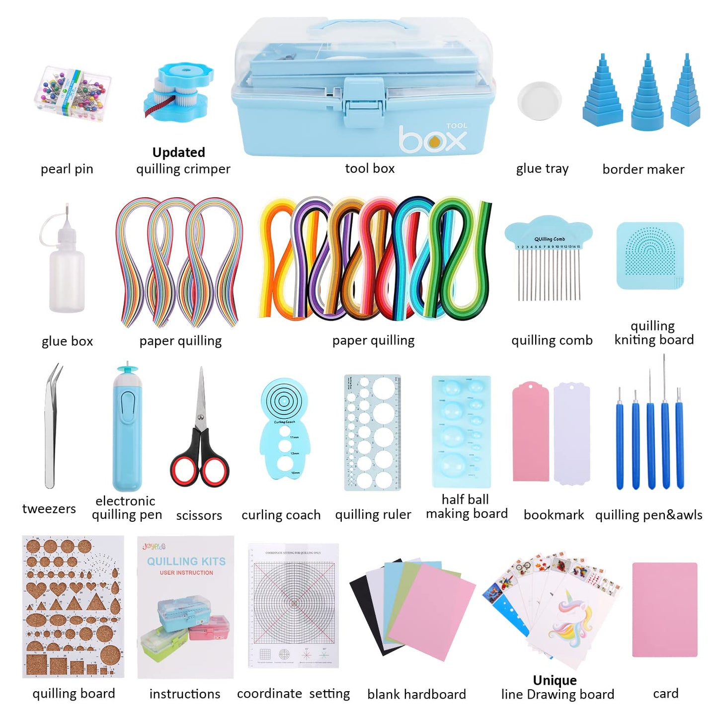 JoyPlus Quilling Kits for Beginners with Manual, 24 Tools & Supplies with Durable Storage Box, Updated Paper Crimper Tool, Premium Husking Board & Electronic Pen Blue