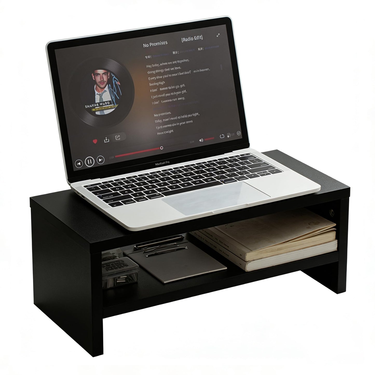 vie poetique Wooden Monitor Stand Riser, 2-Tier Desk Shelf with Storage Organizer, Ergonomic Computer Stand, Storage Organizer for Laptop, Computer, Black, 15.7 Inch
