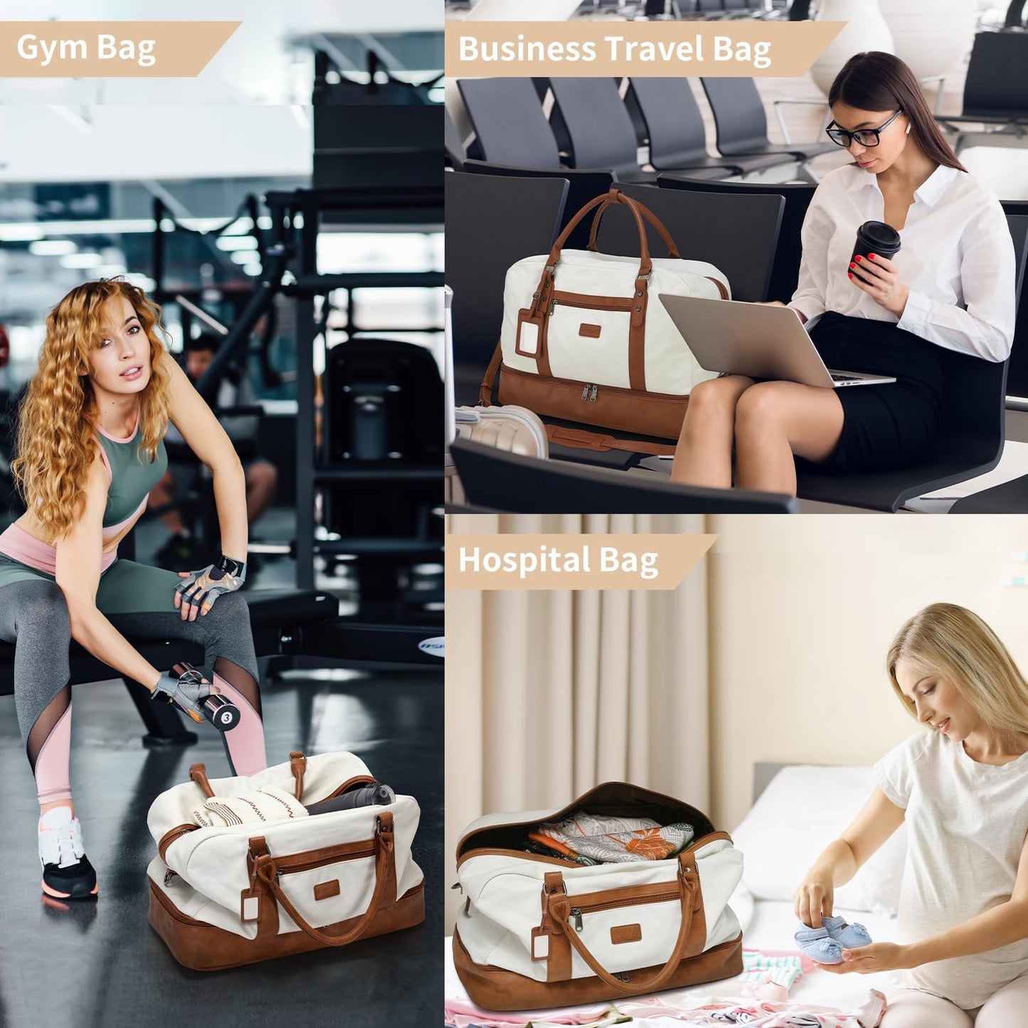 Wogarl 4PCS Weekender Bags for Women Large Overnight Weekend Travel Duffel Carry on Shoulder with Shoe Compartment Canvas Toiletry Bag for Travel Business Gym,Beige