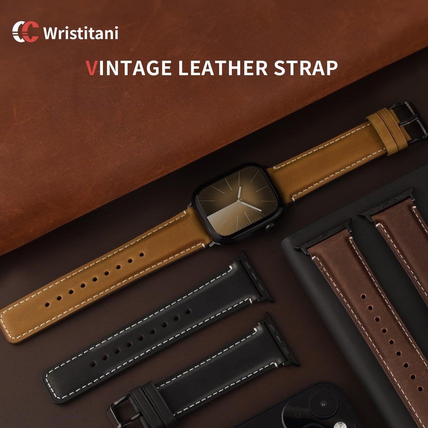 Wristitani 3 Pack Leather Bands Compatible With Apple Watch Bands 44mm 45mm 46mm 49mm 40mm 41mm 42mm for Men,Genuine Leather Replacement Straps for iWatch Ultra3/2/1 SE3/2/1 Series 11/10/9/8/7/6/5/4