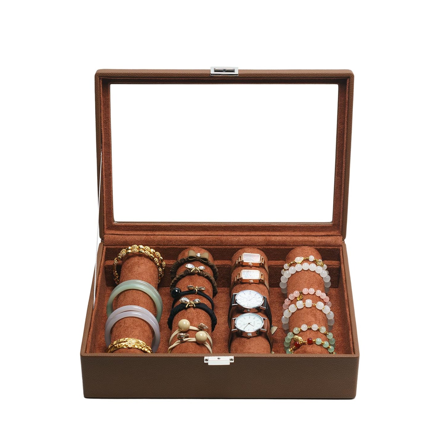 XHMQYC Bracelets Organizer Rods Bangles Display Holder, Clear See through Lid Leather Velvet Jewelry Storage Box Case for Women, 4 Rods Brown Leather