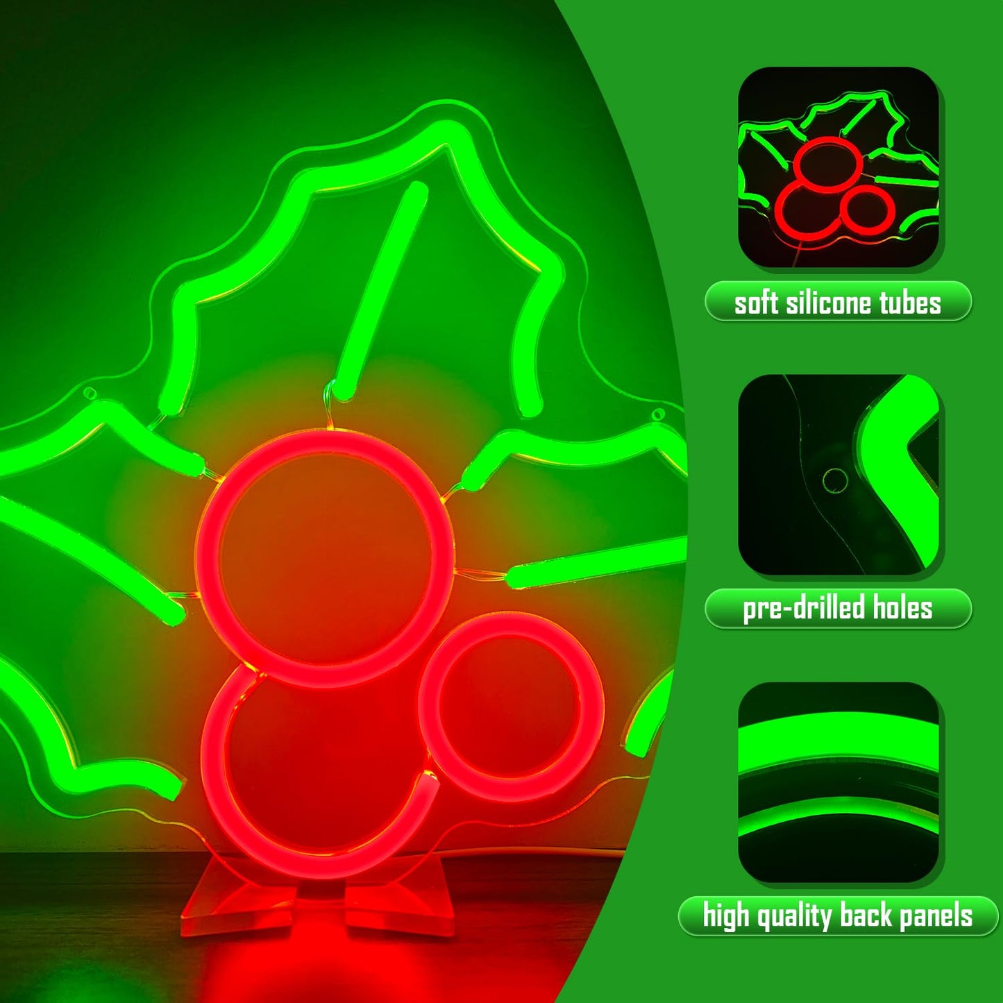 Holly Neon Sign for Wall Decor Dimmable Christmas Neon Sign Fruit Neon Light Signs Led Neon Light Up Sign Neon Signs for Bedroom Living Room Shop Bar Pub Club Christmas Gift Party