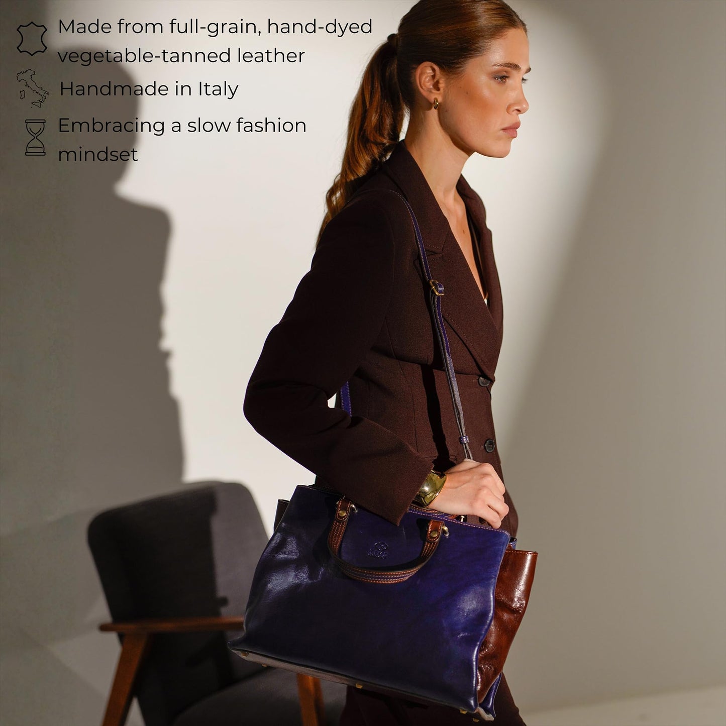 Time Resistance Leather Handbag for Women - Italian Handmade Top Handle Bag - Purse (Blue)