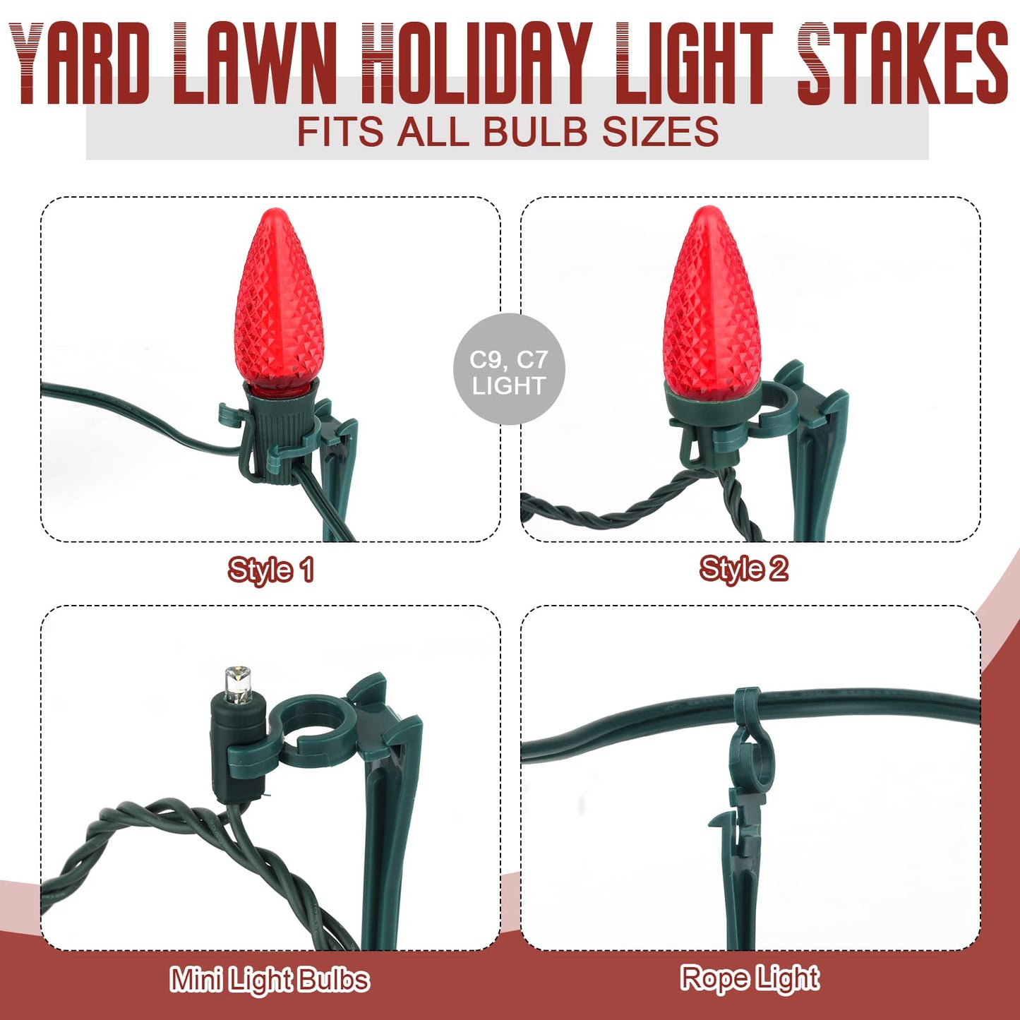 12 Inches Christmas Light Stakes Universal Yard Lawn Holiday Light Stakes C7 C9 String Lights Ground Stakes for Christmas Outdoor Lights Holders on Yards, Driveways, Pathways (50, Black)