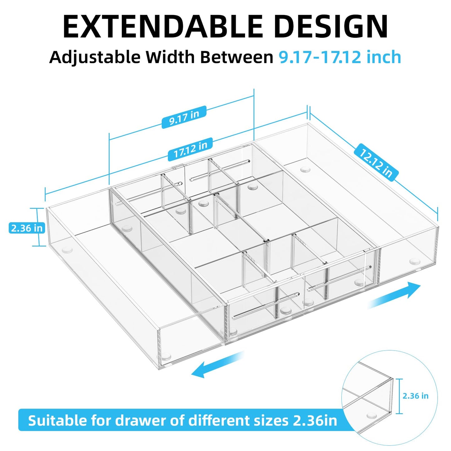 Marbrasse Acrylic Expandable Drawer Organizer, Clear Desk Drawer Organizer Tray with 5 Dividers, Desk Organizers and Accessories, 10 Adjustable Compartments for Office Supplies, Makeup & Vanity