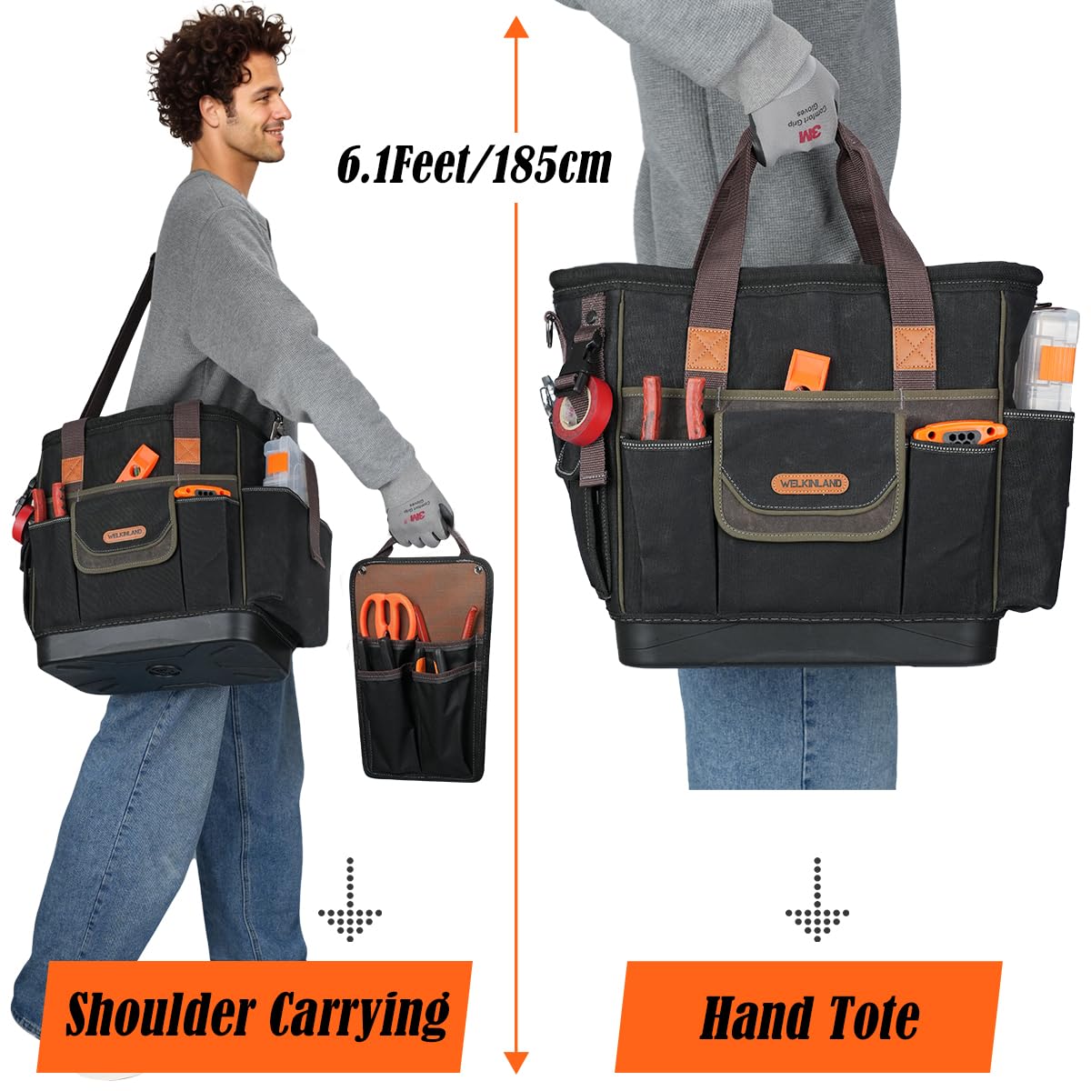 WELKINLAND 50-Pocket Electrician Tool Tote, Large Hard Bottom Tool Bag, Waxed-Canvas Tool Tote For Electrician, Heavy-Duty HVAC Service Bag, Easy-Access Open Top Tool Bag, Stay-Up Technician Tools Bag
