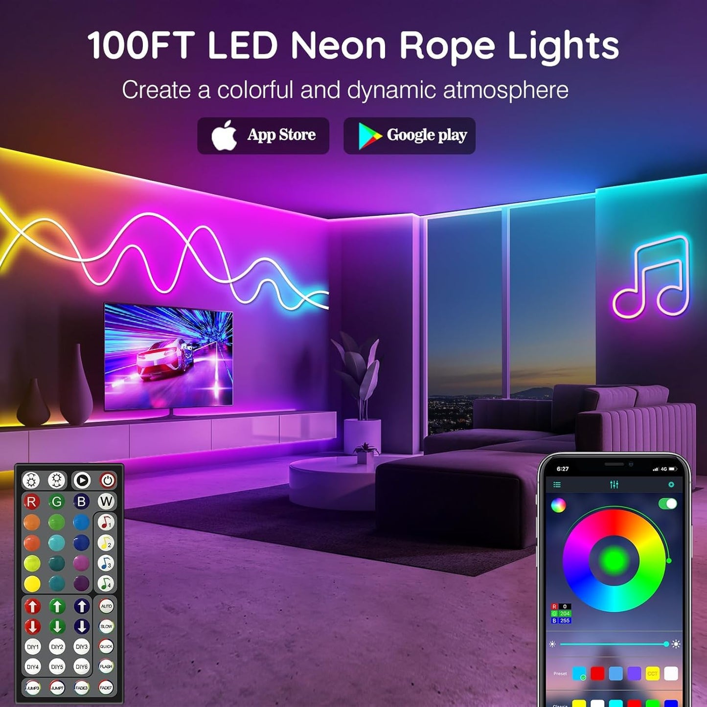 100Ft Neon Rope Lights,Flexible Led Rope Lights Control with App/Remote,Multiple Modes Rope Lights,IP65 Outdoor RGB Led Neon Lights Waterproof,Music Sync Gaming Led Neon Light Strip for Bedroom Decor