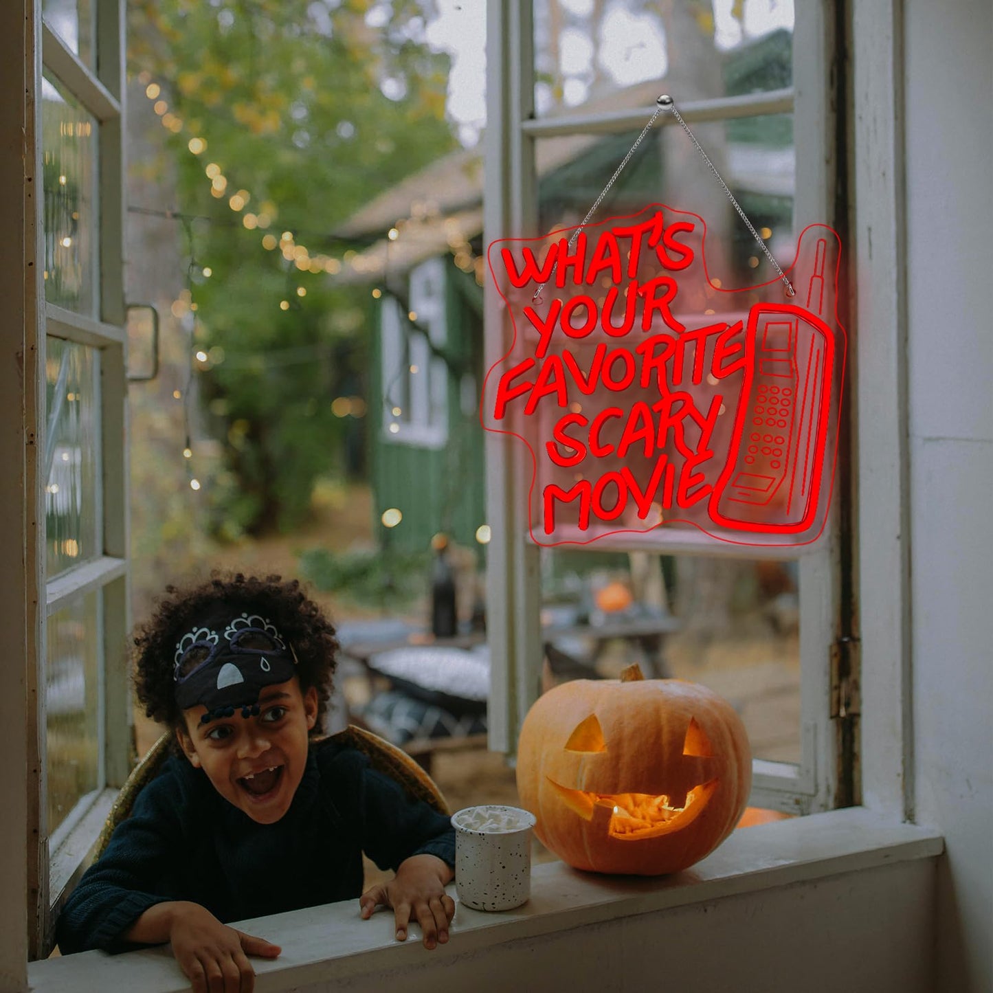 What’s Your Favorite Scary Movie Neon Sign – Red LED Wall Light with Retro Phone Design – Horror Movie Night & Halloween Party Décor