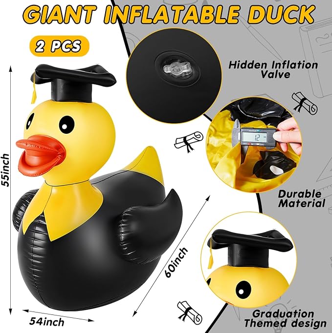 Hungdao 1 Pack 5 ft Graduation Giant Inflatable Decor Duck Large Grad Inflatable Duck with Cap and Gown Pool Float Blow up Congrats Pool Float for 2025 Graduation Party Decoration