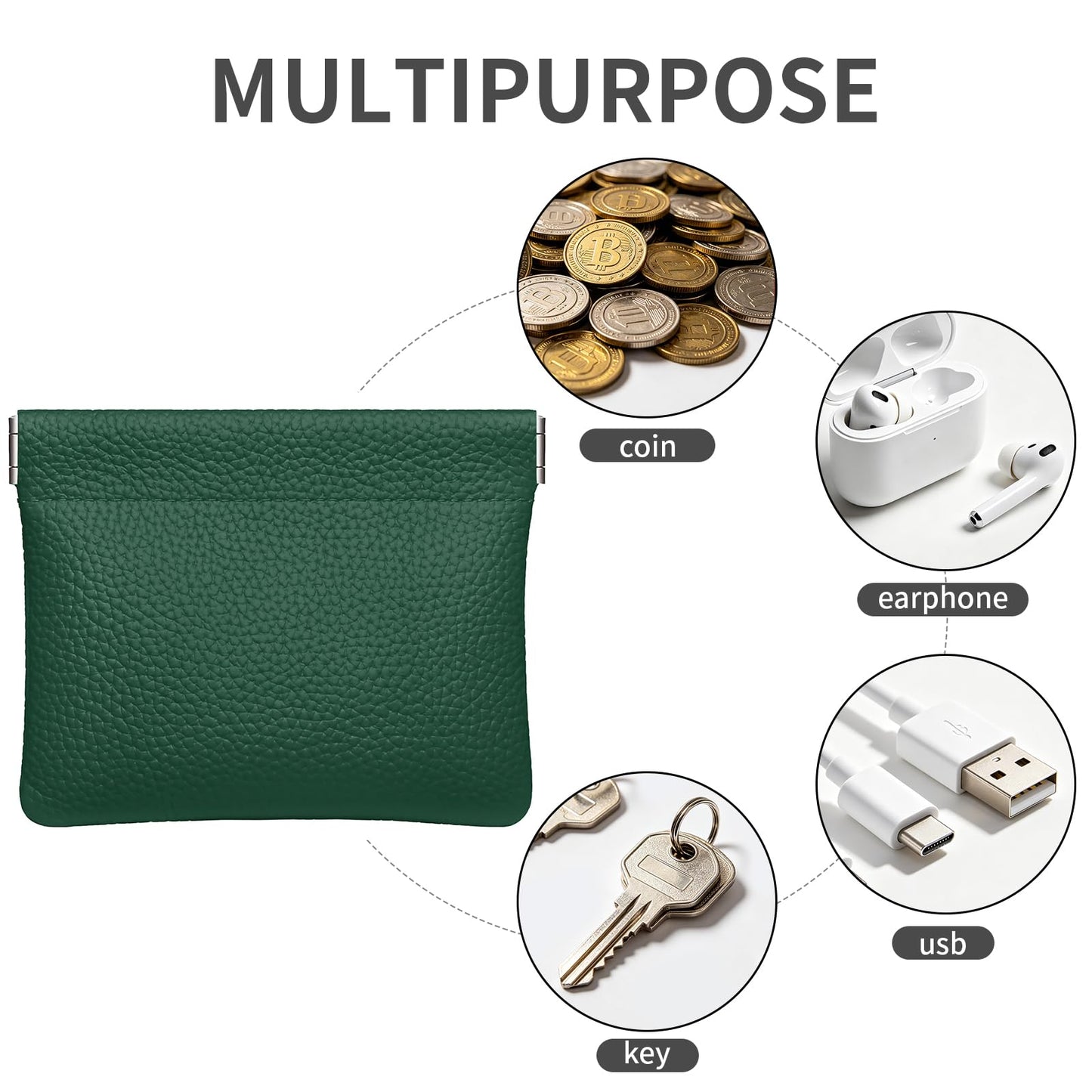 Genuine Leather Squeeze Coin Purse Pouch Change Holder For Men & Women Mini Change Purse Pouch for Pocket, Small Pouch Credit Card Key Headset Lipstick Holder (Green)