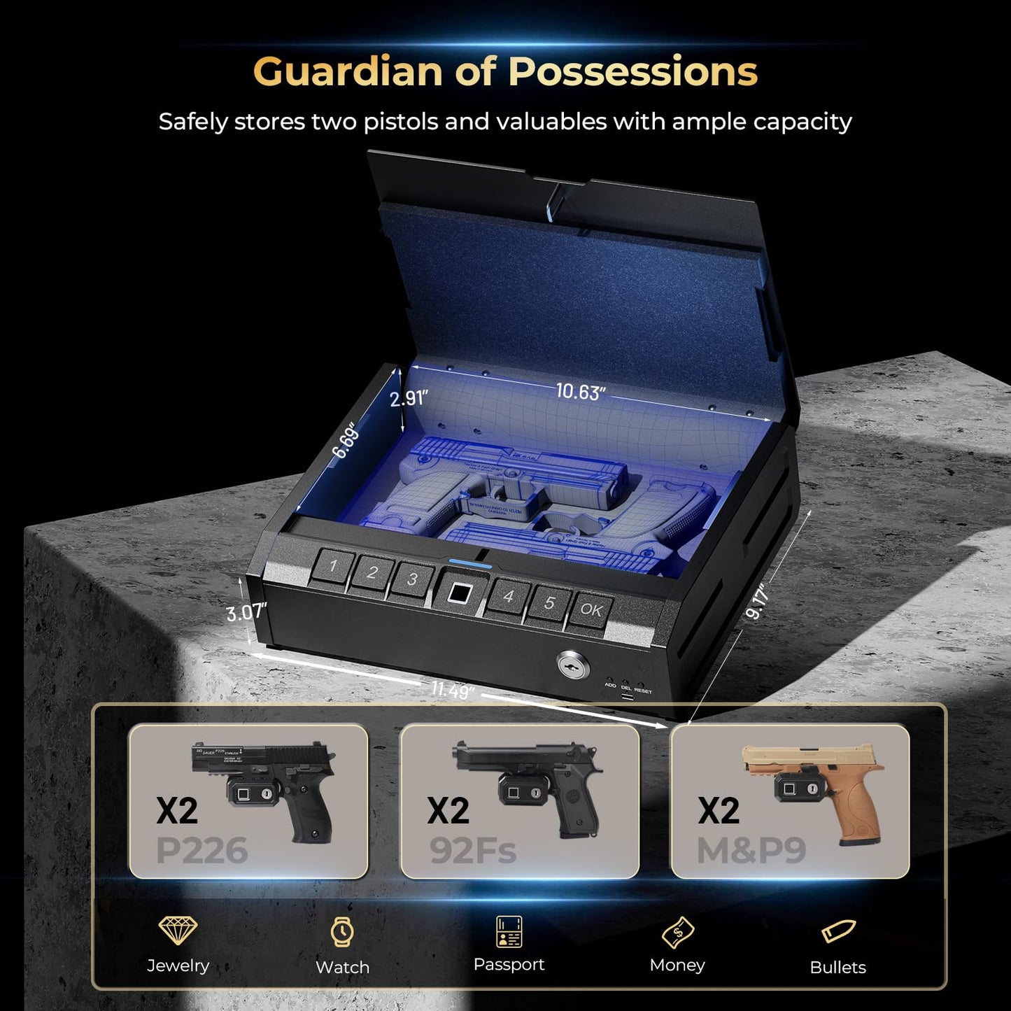 ONNAIS Iron PRO Biometric Fingerprint Gun Safe for Handgun, Swift Entry Gun Lock Box Featuring with Interior Light and Emergency Power Supply, Pistol Safes for Home, Nightstand, Bedside, and Car