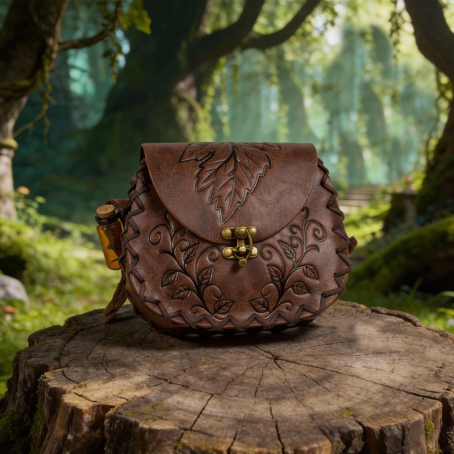 Retro Belt Pouch Medieval Retro Faux Leather Renaissance Costume Forest Elf Leaf Belt Bag Ren Faire Casual Waist Bag (Brown)