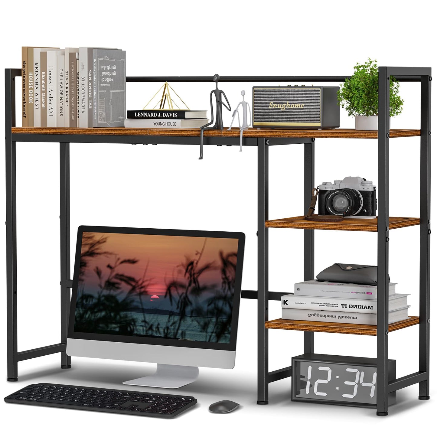 Snughome Desk Shelf, 38.6" Desktop Organizer Shelf, Desk Hutch for Computer Monitor, 4 Tier Desk Display Rack, Wood Desktop Bookshelf Storage Rack for Home Office Dorm, Rustic Brown