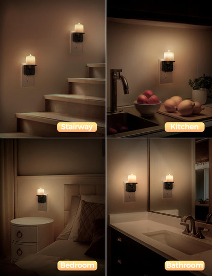 Briignite Flameless Candle Night Lights, Amber Plug-in 2 Pack, LED Candle with Light Sensor, 0-100LM Dimmable, Kids Hallway Bathroom Nightlight