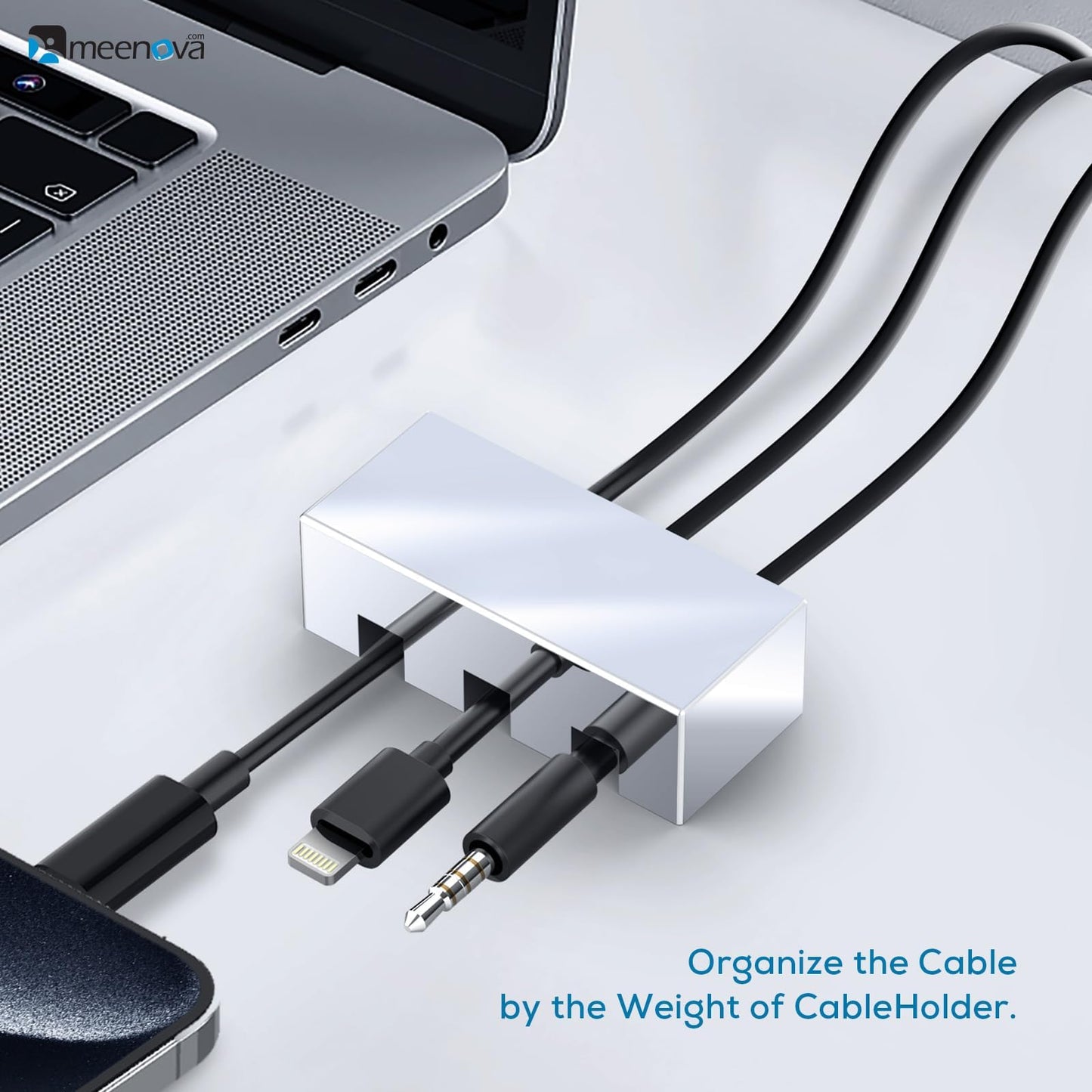Meenova 304 Stainless Steel Weighted Cord Holder for Nightstand, Paper Weight, Letter Paperweight, 3 Hole Design, Aesthetic Desk Accessory for Office Computer Desk Charger Metal Charging Cable Holder