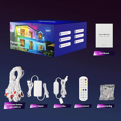 HUTAKUZE Permanent Outdoor Lights, 150FT with 90 RGB LEDs for Outdoor Decor, IP67 Waterproof, 48 Scene Modes Christmas House Lights,APP & Remote Control, Music Sync