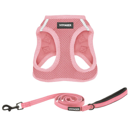 Voyager Step-in Air All Weather Mesh Harness and Reflective Dog 5 ft Leash Combo with Neoprene Handle, for Small, Medium and Large Breed Puppies by Best Pet Supplies - Harness Leash Set (Pink), L