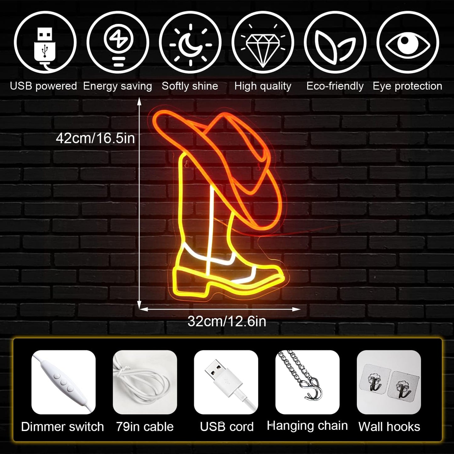 Horseneon Cowboy Neon Signs Cowboy Hat Neon Lights Signs, Western Neon Light, Cowboys Boot Led Sign with USB Powered for Cowboys Farm, Wall Hanging Decor