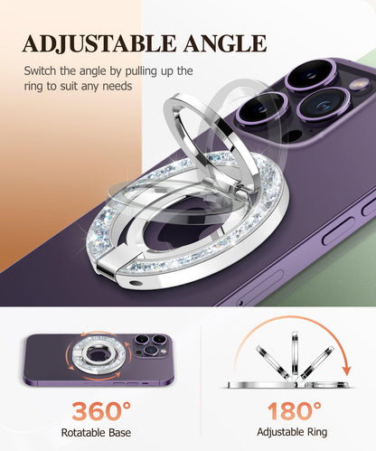 GVIEWIN Magnetic Phone Ring Holder, Compatible with MagSafe Phone Grip with Adjustable Stand, Magnet Phone Ring Kickstand for iPhone 17/16/15/14/13/12 Pro Max Plus Air/Other Phones (Glitter/Silver)