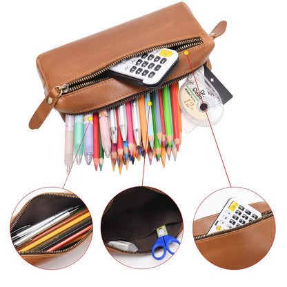 WONDERPOOL Pen Case Real Leather Pencil Pouch Markers Holder Big Capacity Bag with Side Zippered Pocket Sleeve for Stationery Makeup Utensils Organizer (Light brown)