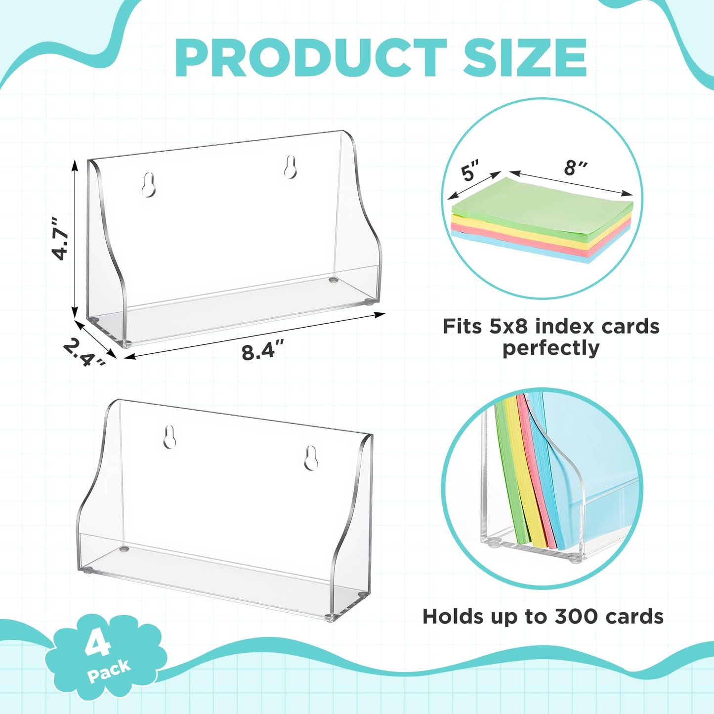 Dunzoom 4 Pack 5x8 Index Card Holder, 2-in-1 Desk & Wall Mounted Acrylic Index Card Display Stand, Includes Screws & Anchors, Clear Flash Notecard Organizer for Classroom, Office & Study