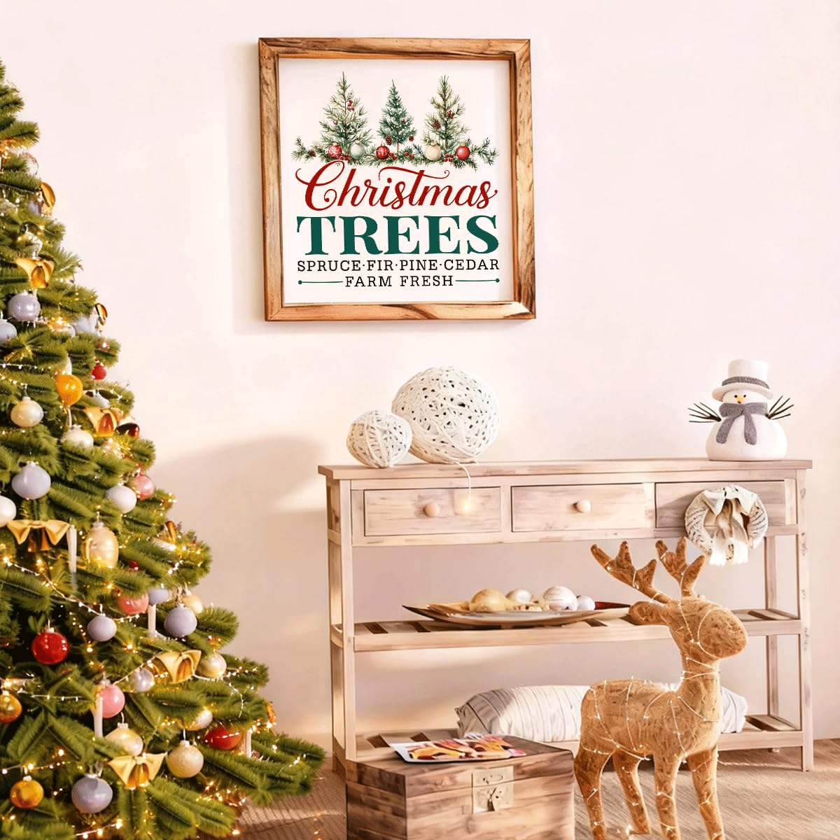 Christmas Wall Decor, Christmas Trees Farm Fresh Sign, Spruce Fir Pine Cedar Framed Wood Wall Accent for Rustic Living Room or Entryway, MDF Holiday Hanging Plaque