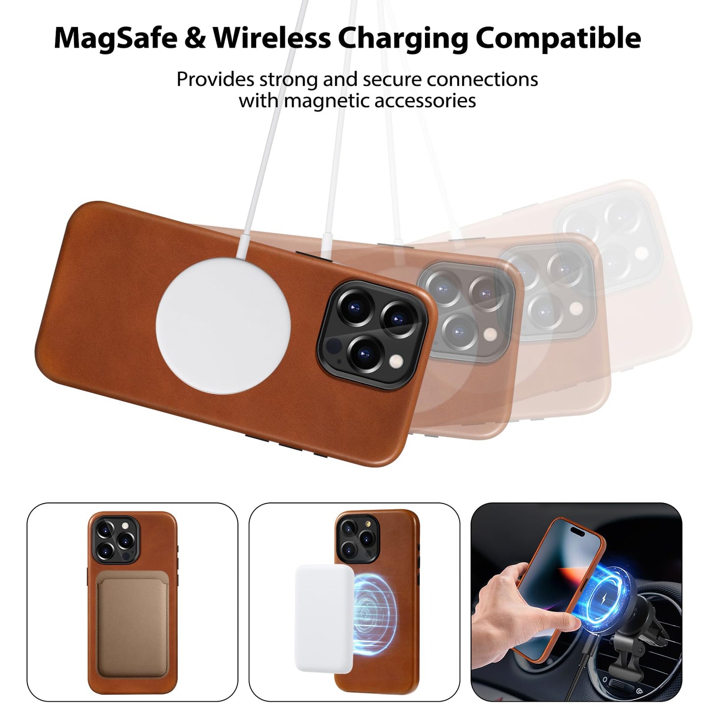 Belemay for iPhone 13 Pro Max Leather Case Compatible with MagSafe, Full-Grain Vegetable-Tanned Leather, Metal Buttons & Camera Bezel - Slim Fit&Sleek- Luxury Phone Cover (6.7-inch)-Saddle Brown