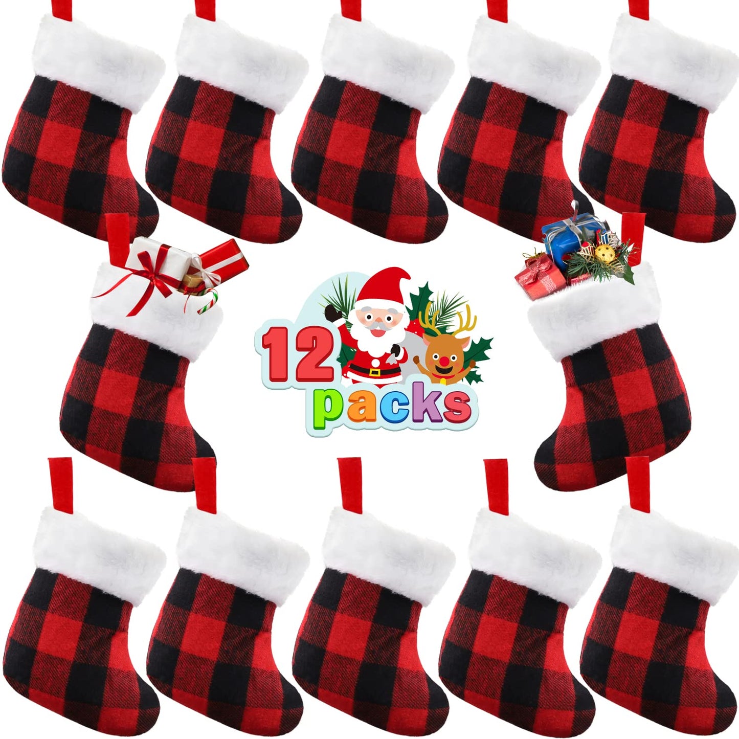 XIMISHOP 12PACK Mini Christmas Stockings 7” Double Side Xmas Red Buffalo Plaid Fireplace Hanging Stocking with Plush Cuff for Christmas Tree Decor