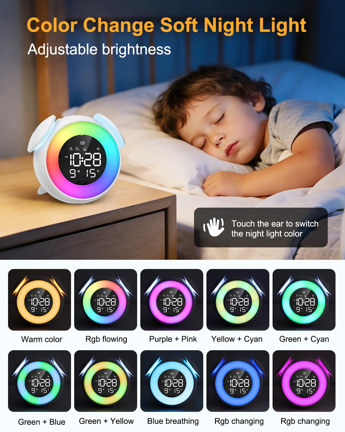 Homiyteck Kids Alarm Clock, Toddler Sleep Training Clock, OK to Wake Alarm Clock with 9 Colors Night Light, 7 Soothing Sounds, Dual Alarms, Birthday Gift for Boy Girls Children