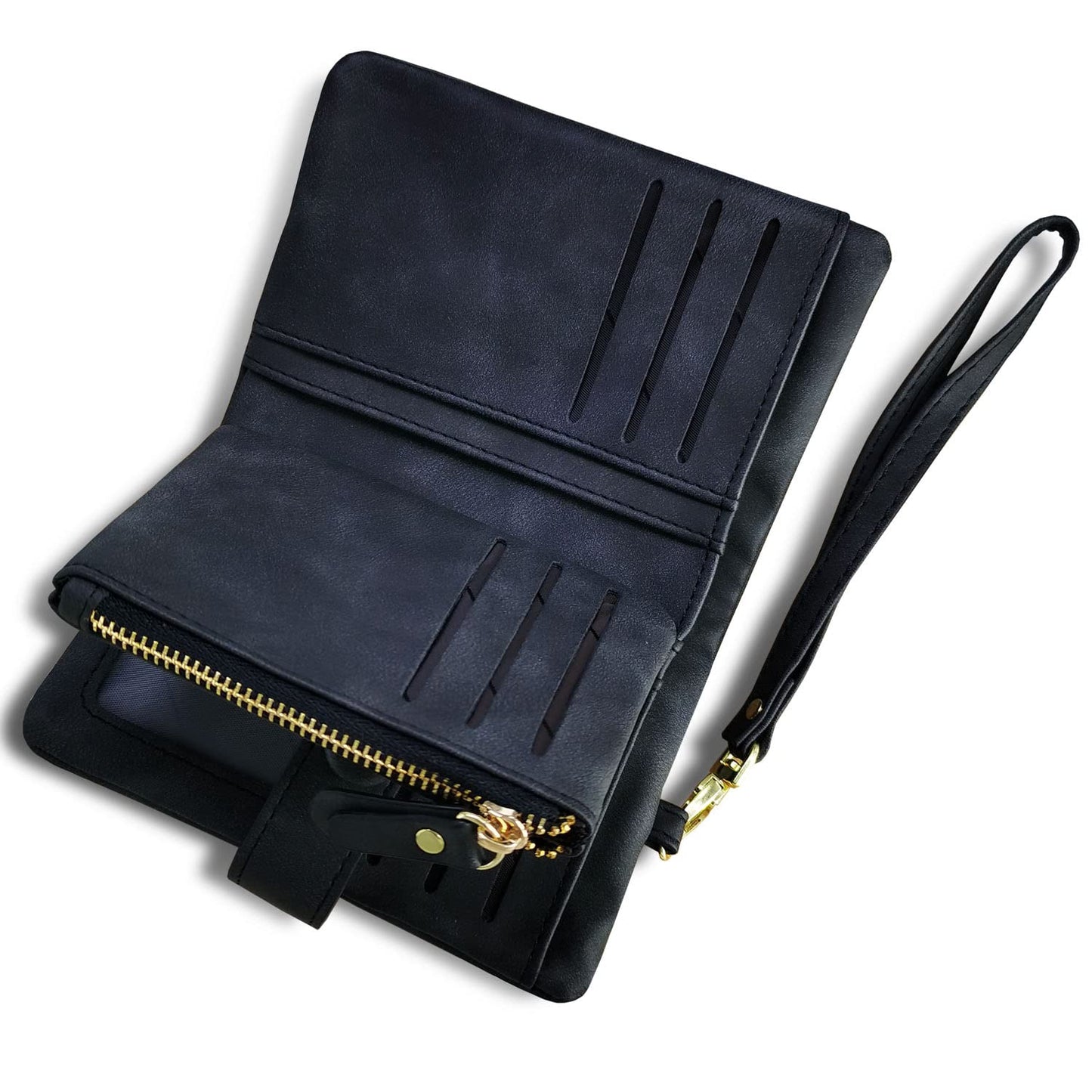 AOXONEL Women's Small Bifold Leather wallet Rfid blocking Ladies Wristlet with Card holder id window Coin Purse (Black)